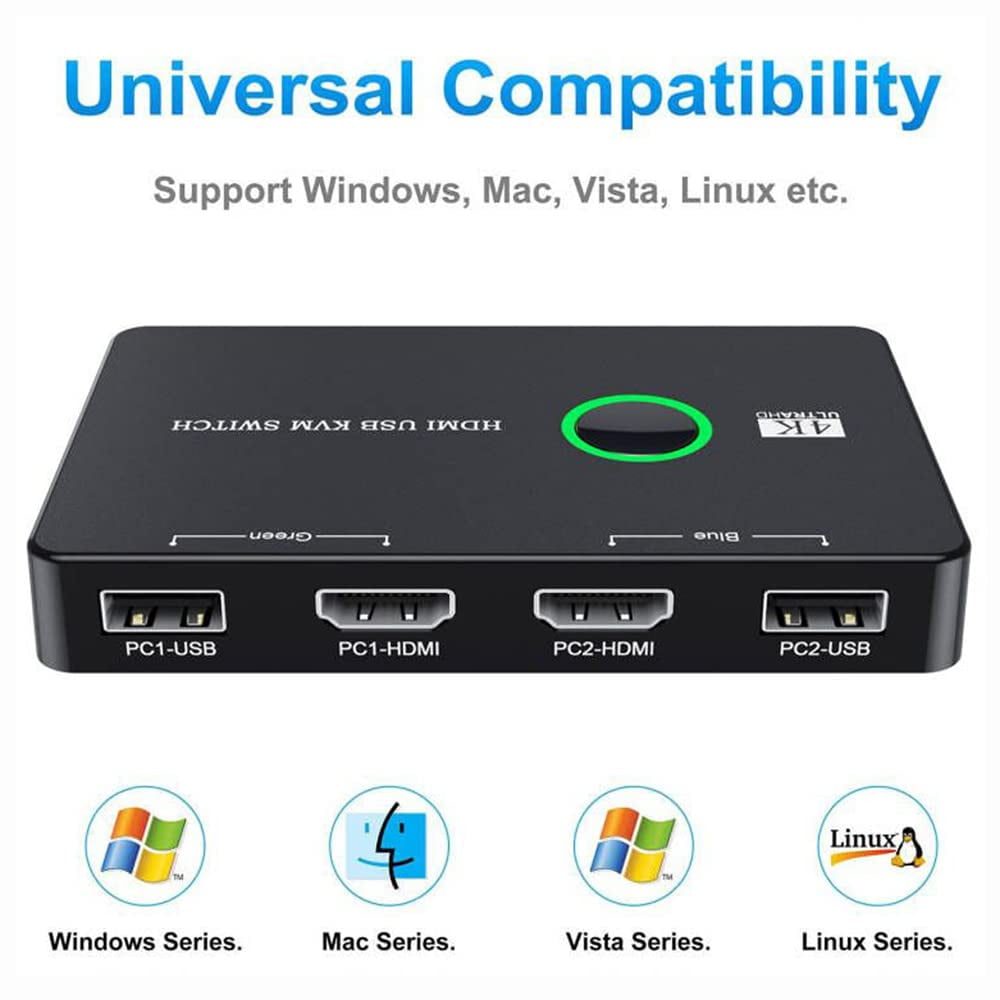 JSER KVM USB 2.0 & HDMI 4K Switch Selector Dual PCs Sharing Monitor HDTV USB Port Keyboard Mouse Scanner Printer