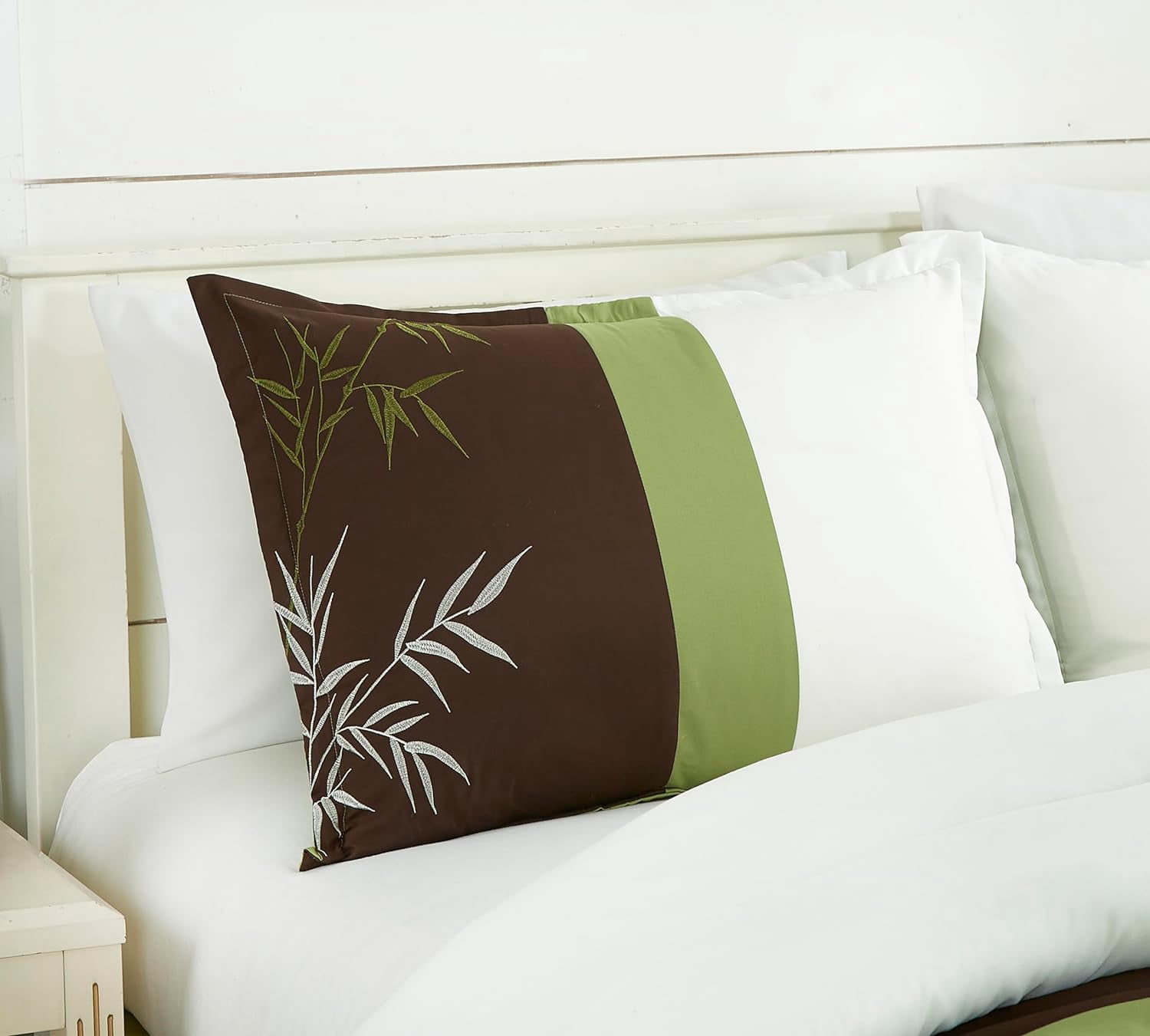 Chezmoi Collection Bengal 7-Piece Bamboo Embroidered Comforter Set California King Size, Sage Green Brown Ivory Bamboo Grass Microfiber Comforter Bedding