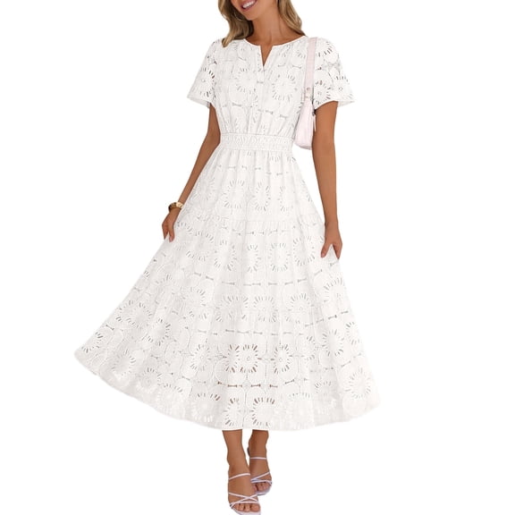 Merokeety Womens Summer Dresses Boho Floral Eyelet Lace Tiered Flowy Maxi Dress White xl