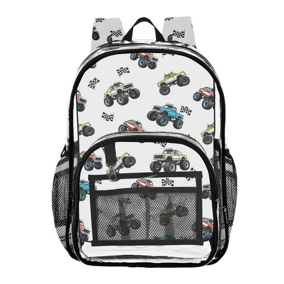 ALAZA Clear Backpack Car Trucks Cartoon Checkered Flag PVC Transparent BookBag