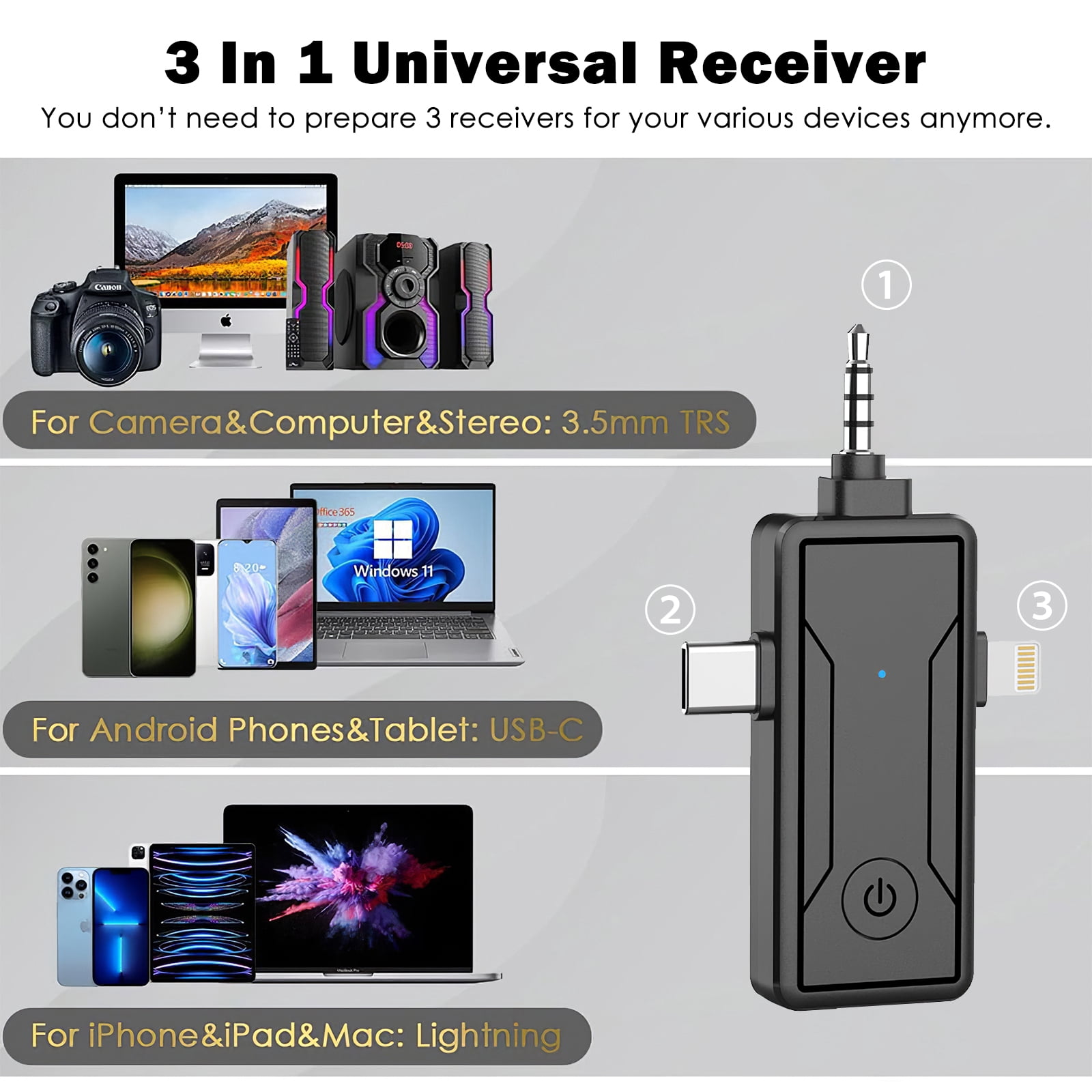 3 in 1 Wireless Mini Lapel Microphone Compatible with iPhone iPad Android Camera for Audio Video Recording Tiktok YouTube Podcast Vlog, Black