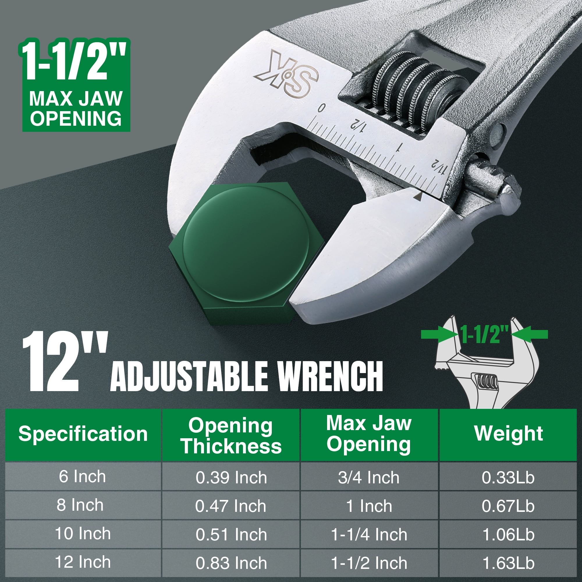 SK Hand Tools SK01218 12" Adjustable Wrench