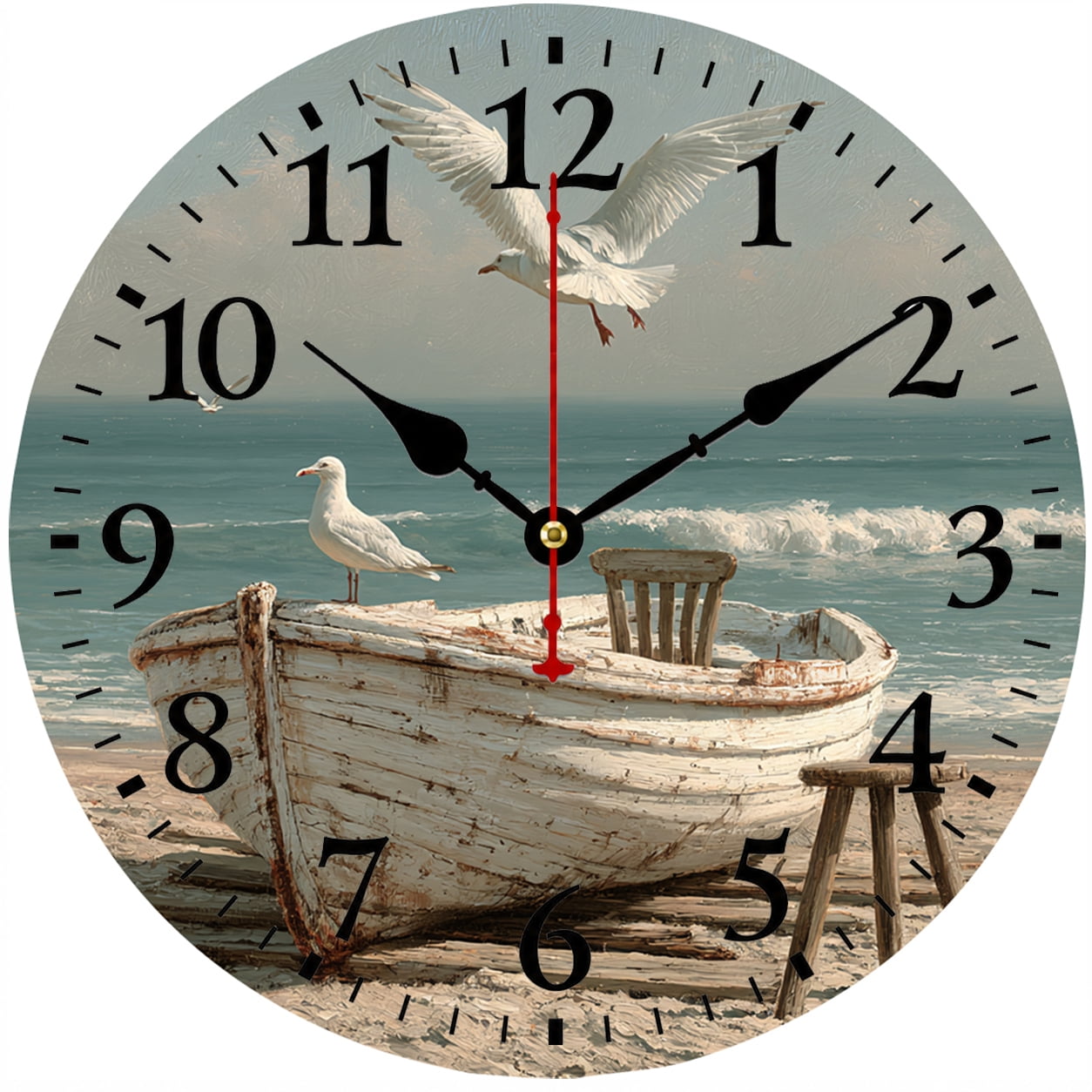 9.84 Inch Coastal Beach Wall Clock, Seagull & Fishing Boat Nautical Analog Clock, Battery Operated Decor for Living Room Kitchen Bathroom