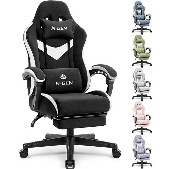 N-GEN GAMING Video Gaming Chair Office Computer Desk Use Ergonomic Reclining Backrest Adjustable Armrests Lumbar Support Footrest High Density Foam Breathable Fabric Heavy Duty Base (Black)