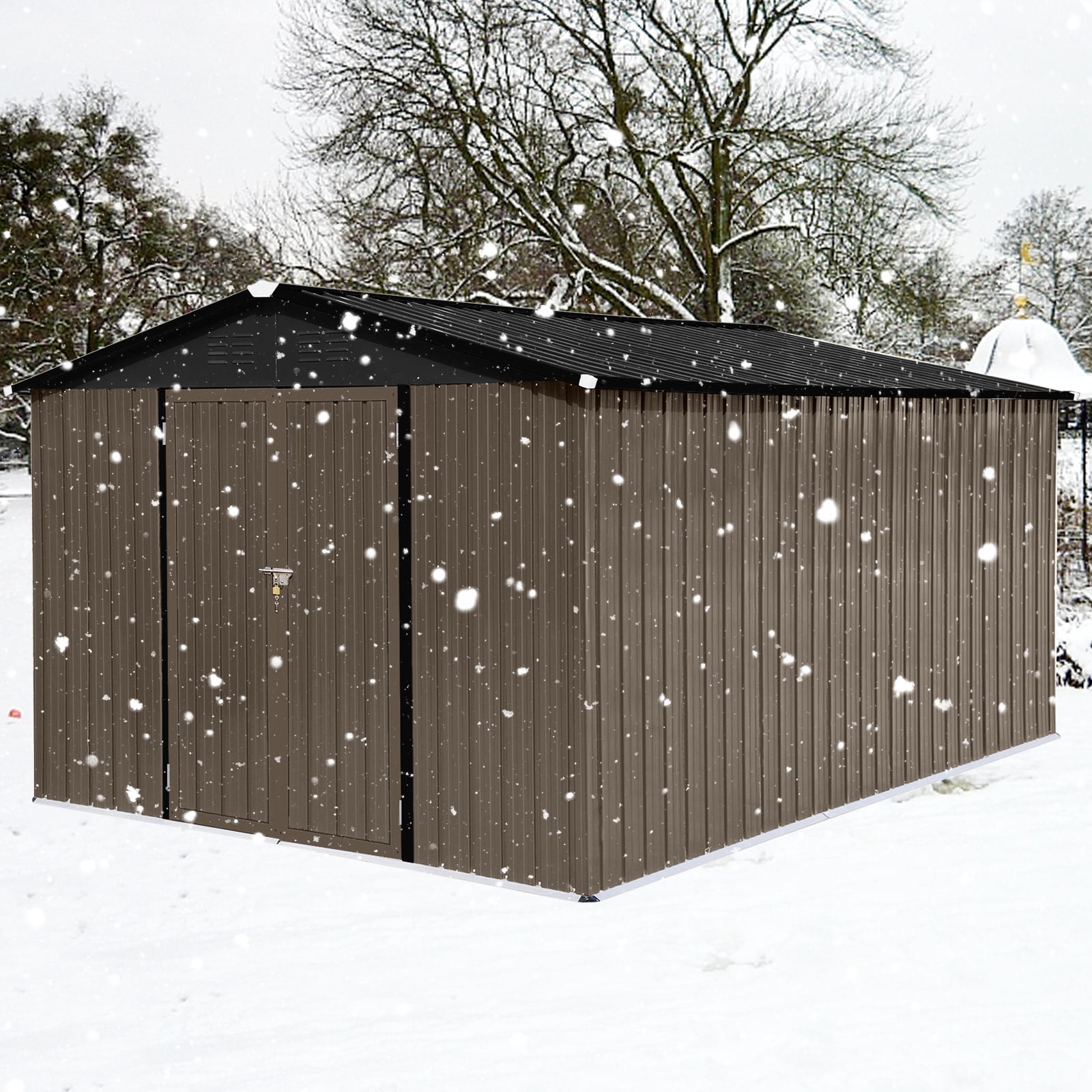 10x12FT Outdoor Metal Storage Shed Tool Bike Generator Weatherproof with Shutter Vents Floor for Garden Patio Backyard, Brown Black