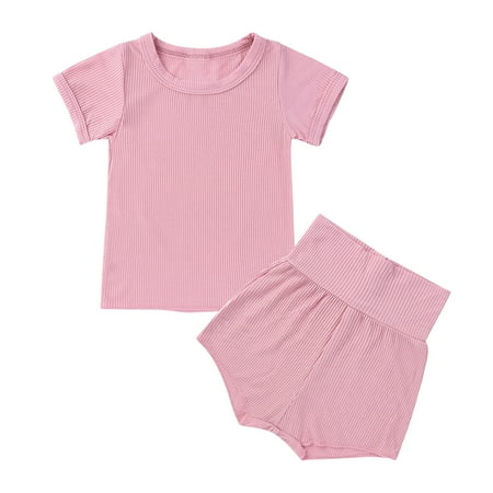 

Honeeladyy Clearance under 5$ Toddler Kids Baby Boys Girls Fashion Cute Solid Color Short Sleeve High Waist Shorts Cotton Casual Suit