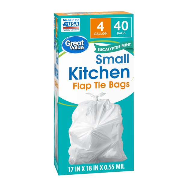 Great Value Small Trash Bags 4 Gallon 40 Bags Eucalyptus Mint Scent Flap Tie Walmart Com