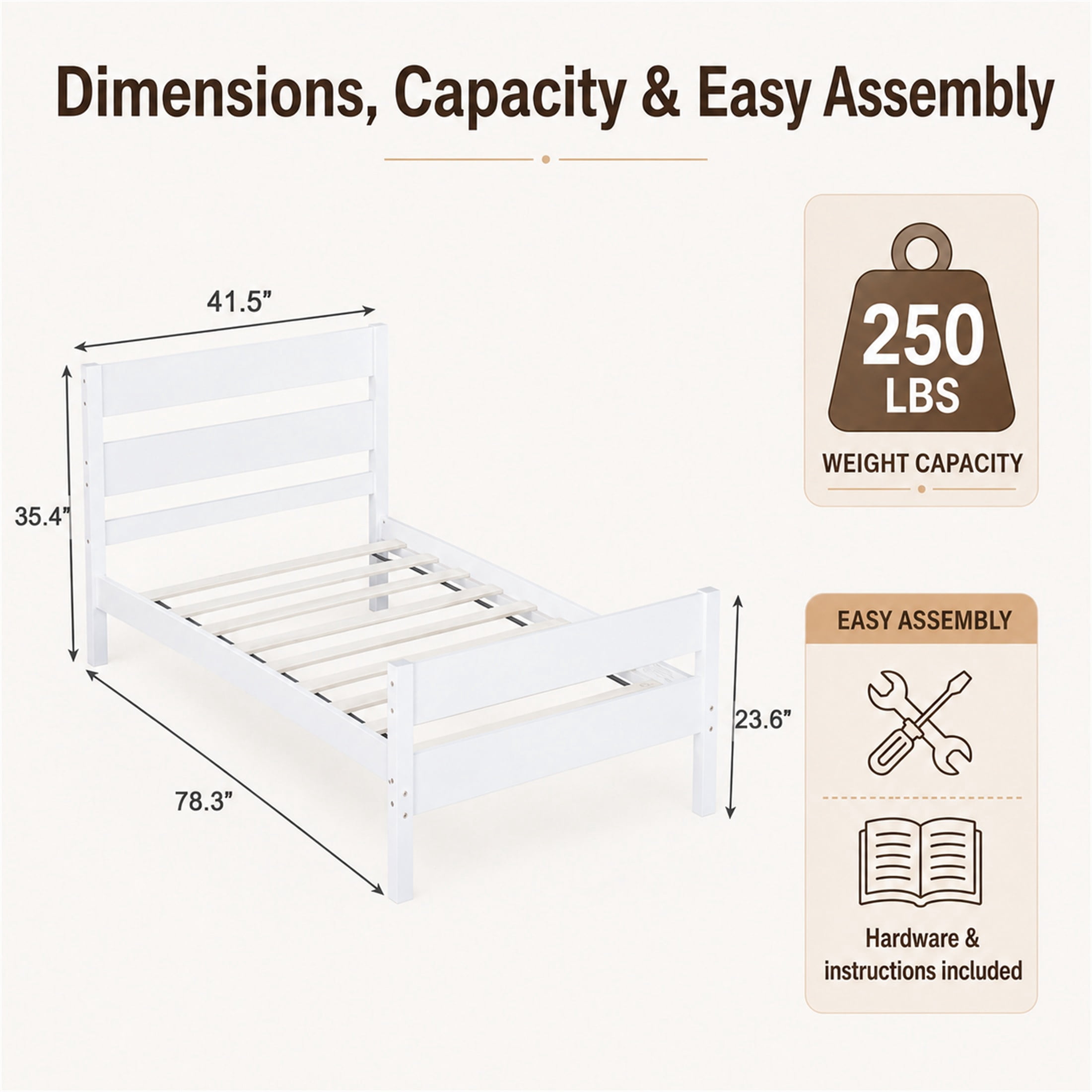 SESSLIFE Twin Bed Frame, Solid Wood Twin Platform Bed Frame with Headboard & Footboard, No Box Spring Needed with 250LBS, Easy Assembly, White