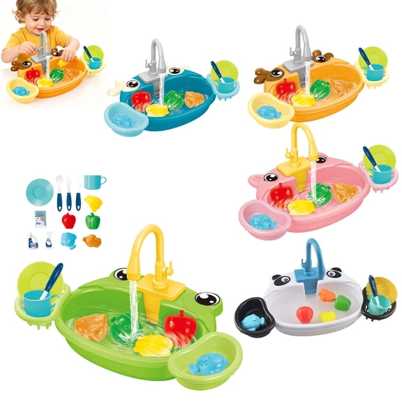 Kitchen Sink Toy with Running Water, Animal Theme Play Dishwasher, Role Play Pretend Play Kitchen Accessories, Automatic Water Circulation, Educational Toddler Toy