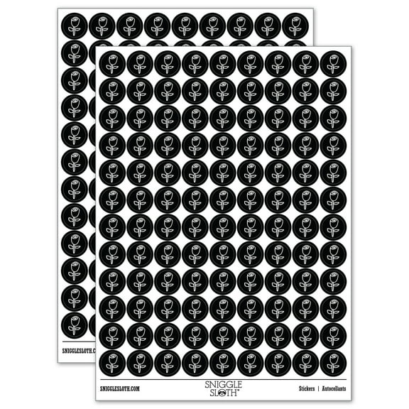 Rose Stem Flower Doodle 200  Round Stickers - Black - Gloss Finish - 0.50" Size