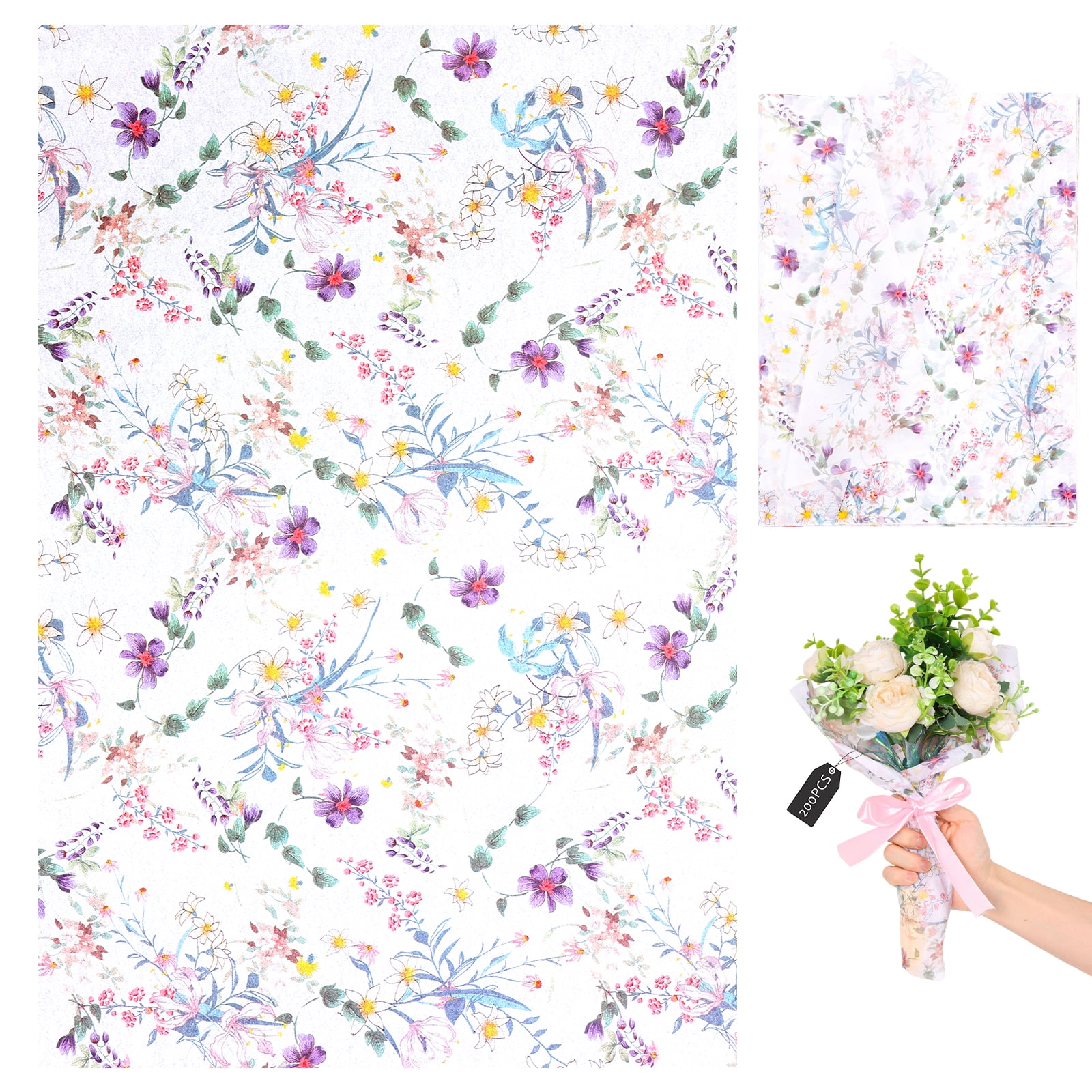 NUAHRHY 200 Sheets Floral Tissue Paper Vintage Wildflower Present Wrapping Tissue Paper for Present Bag Packaging Ideal for Wedding Birthday Party Decor Box Basket Filler 20x14 in