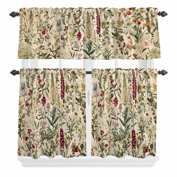 3 Piece Kitchen Curtains and Valances Set Vintage Plant Cafe Curtains 36 Inch Length Boho Botanical Flowers Green Leaf Ferns Valance & Tier Curtain for Living Room Bedroom Window 54"x18" 27"x36"*2