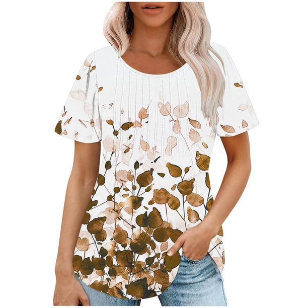 Tops Cortos para las Mujeres Cuello Redondo Suelto Impreso de Manga Corta, Tops Sueltos para las Mujeres