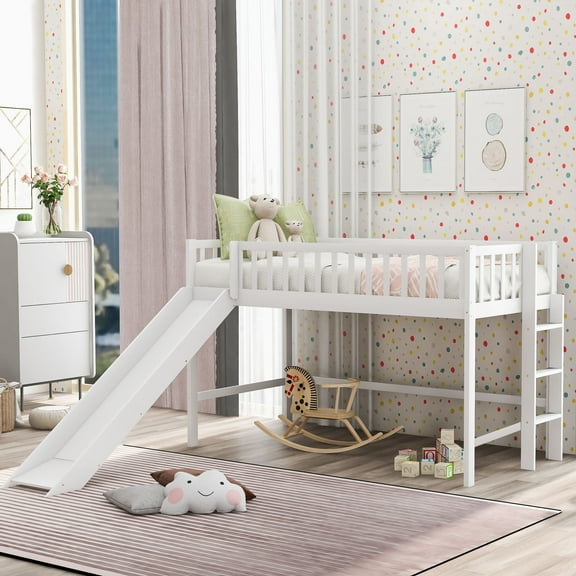 Bed Frames Twin Size Low Loft Bed with Ladder and Slide,White(OLD SKU:WF196418AAK),Adjustable Bed Base
