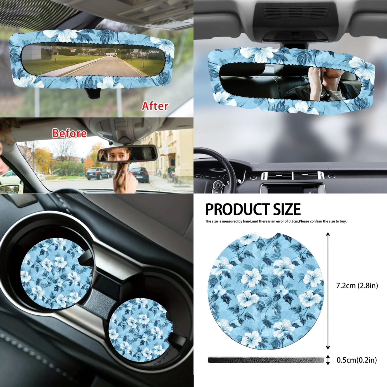Jeiento Blue Hibiscus Flowers Car Seat Cover with Steering Wheel Cover Seat Belt Strap Pad Handbrake Gear Shift Knob Cover Rubbish Bin Armrest Cover Auto Rearview Mirror Cover Coasters 14 PCS