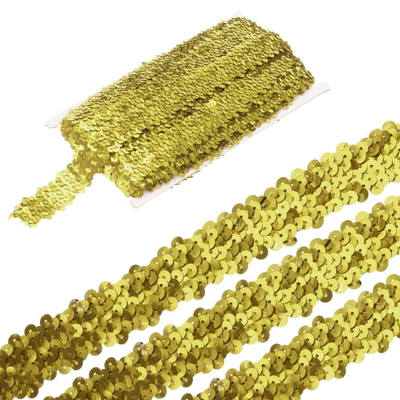 Unique Bargains 11 Yards 1.2 Inch Elastic Sequins Trim 3 Row Flat Sequin Strip Sequins Fabric Ribbon for Sewing Gold