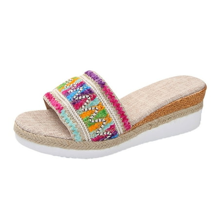 

QYZEU Womens Dressy Sandals Open Toe Slippers for Women Women s Fashion Thick Bottom Slope Heel Ethnic Cool Slippers Leisure Slippers Non Slip Slippers Khaki 41