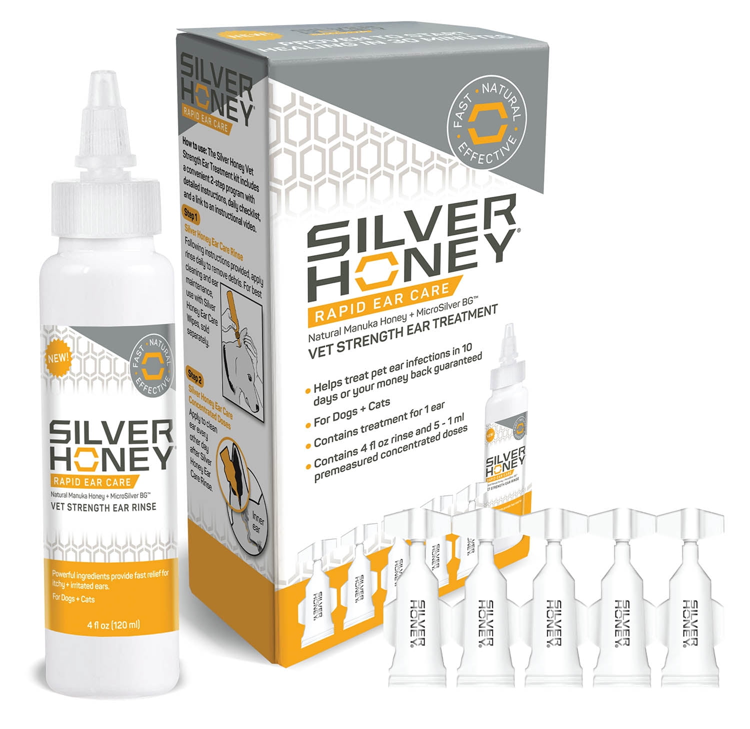 Silver Honey Rapid Ear Care Vet Strength Rinse + Concentrated Doses Treatment Kit for Dogs & Cats