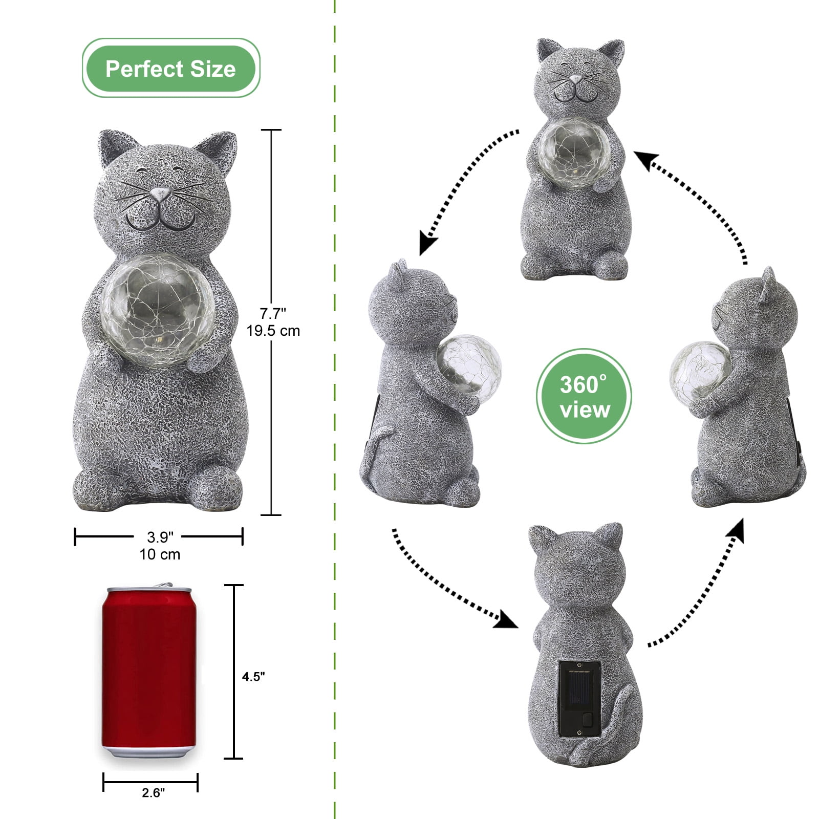 Goodeco Cat Statue Garden Decor Solar Powered LED Lights - Cats Figurines with Gazing Solar Ball Decorations for Patio Lawn Yard Decor - Gifts for Women/Mom Birthday Grey