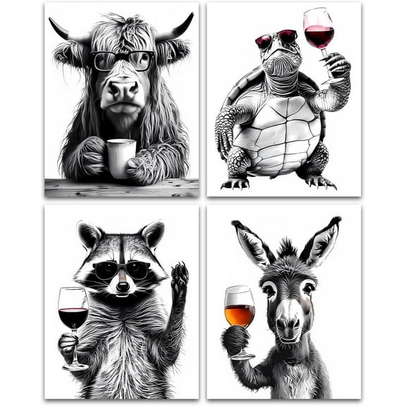 Funny Raccoon Animals Wall Art,Donkey Cow Turtle Drinking Beer and Coffee Red Wine Painting Picture Wall Decor Funny Kitchen Print for Dining Room Kitchen Bar Decor Set of 4(8"x10"Unframed)