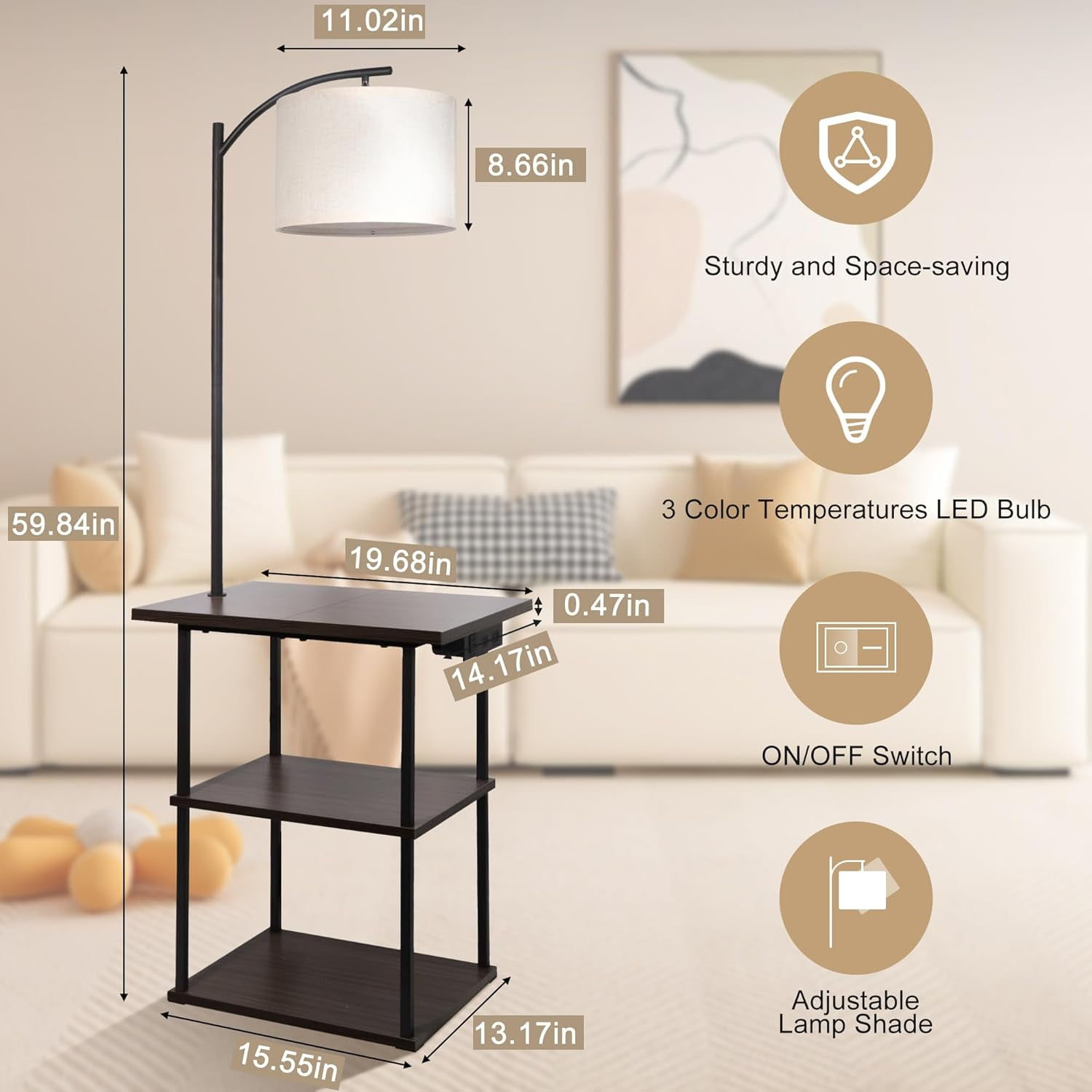 Floor Lamp with Table, End Table with Charging Station(USB & Type-C & AC Port), 3 Color Temperatures 9W LED Bulb, Modern Shelves Side Table for Bedroom, Living Room (Rustic Brown)