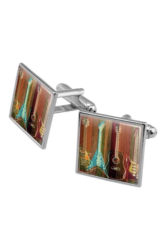 Guitars Electric Acoustic Rock and Roll Wood Paneling Square Cufflink Set - Silver or Gold