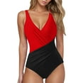 thumbnail image 2 of LEBONYARD Women's One-Piece Swimsuit:Ideal for Beach Fun-High-Quality,Womens Patchwork Swimsuits Ruched Criss Bathing Suits V Neck Blackless Swimwear Red XXL, 2 of 6