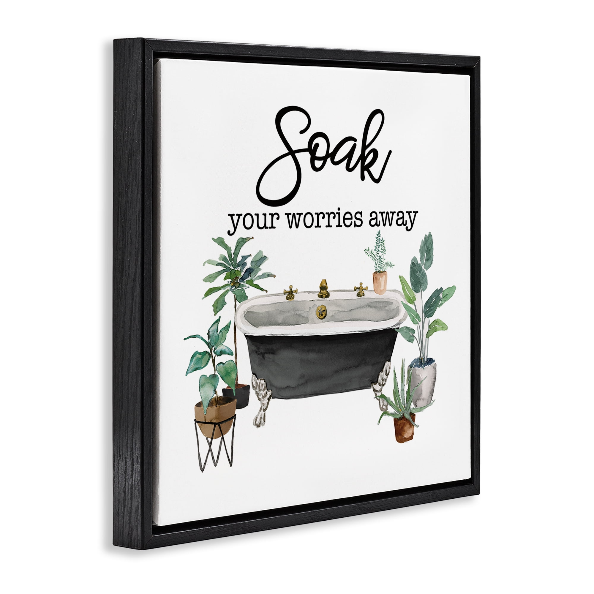 Stupell Industries Soak Worries Away Plants Bath & Laundry Painting Black Floater Framed Canvas Art Print Wall Art, 18 x 18