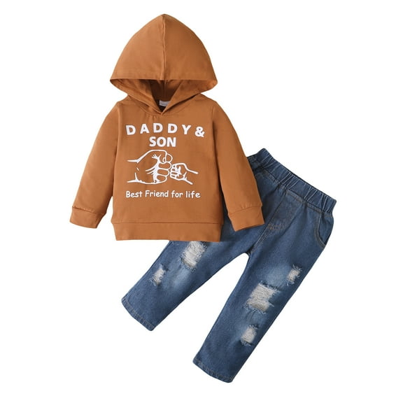 Mikrdoo Toddler Baby Boys Clothes Fist Bump 2 Years Boys Hoodies Winter OOTD Ripped 3 Years Boys Jeans Pants 2Pcs Outfits Brown