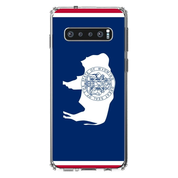 DistinctInk Clear Shockproof Hybrid Case for Samsung Galaxy S10 (6.1" Screen) - TPU Bumper, Acrylic Back, Tempered Glass Screen Protector - Wyoming State Flag - US State Flag