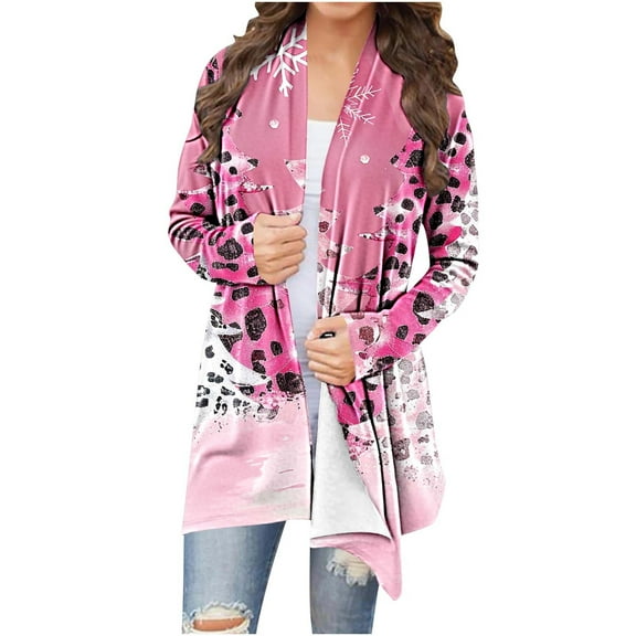 Womens Long Cardigan Sweaters Christmas Print Oversized Open Front Tops Winter Fashion Long Sleeve Party Cardigans Comfortable Cute Outfits