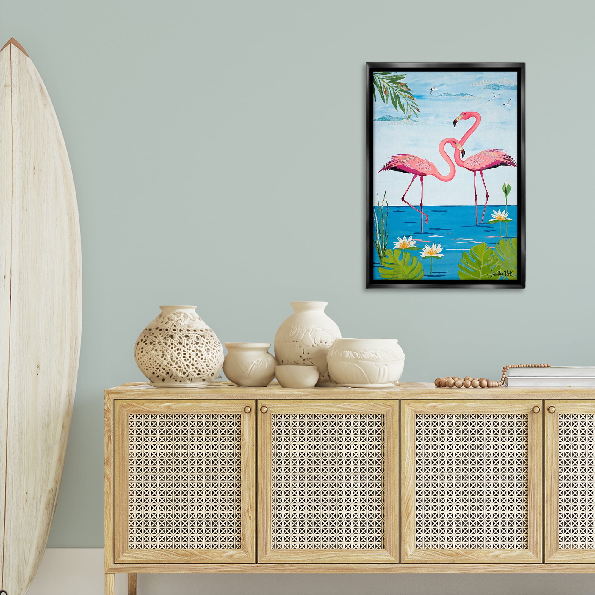Stupell Industries Pretty In Pink Flamingos Animals & Insects Painting Black Floater Framed Canvas Art Print Wall Art, 21 x 31