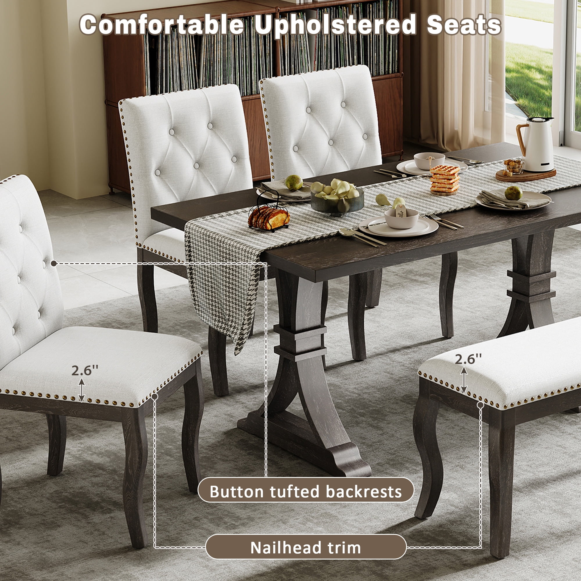 6-Piece Dining Table Set for 6 , 60" Large Rectangular Table with 4 Upholstered Chairs and Bench