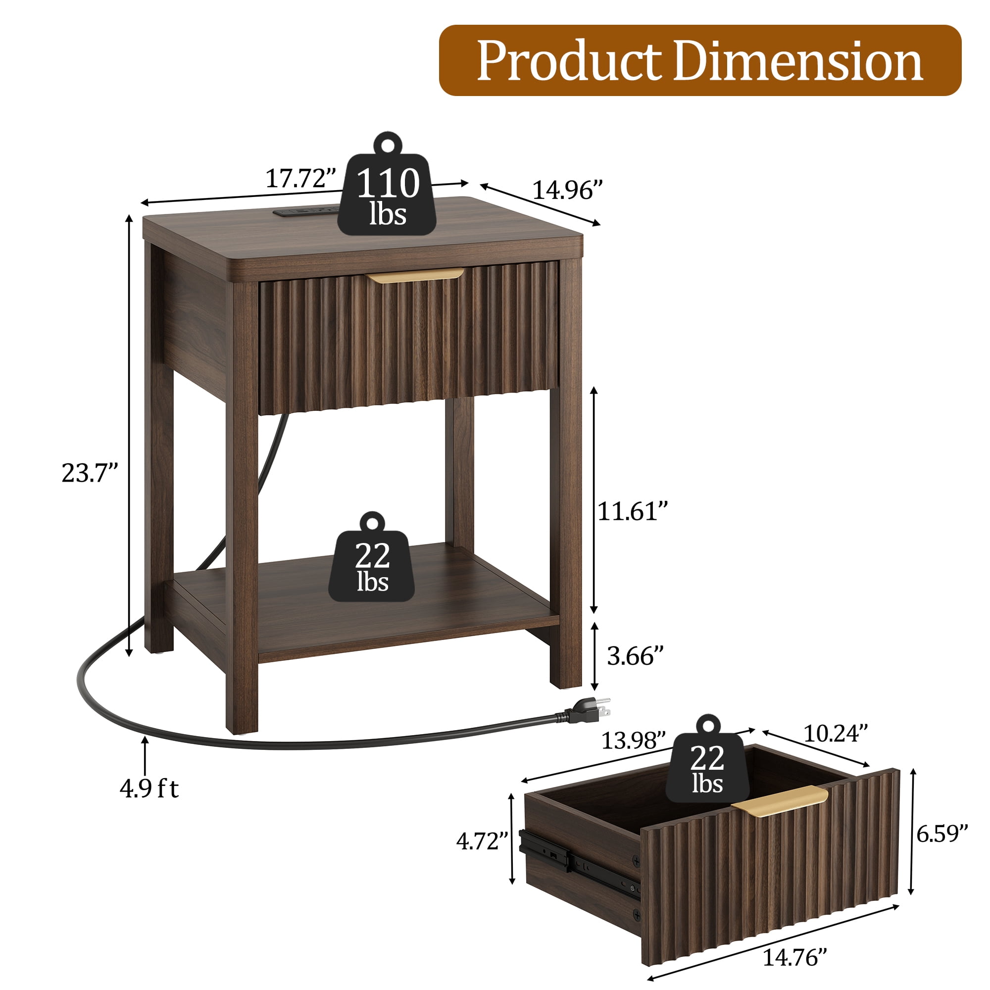 Aufeile Nightstand for Bedroom Set of 2 with Charging Station, Modern Side Table with Drawer & Open Shelf, Fluted End Table with 2 AC Outlets, USB & Type-C, Walnut