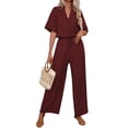 thumbnail image 3 of Women'S Casual 2 Piece Set V-Neck Short-Sleeved Tops Straight Wide Leg Pants Outfit Deep Red XL, 3 of 9