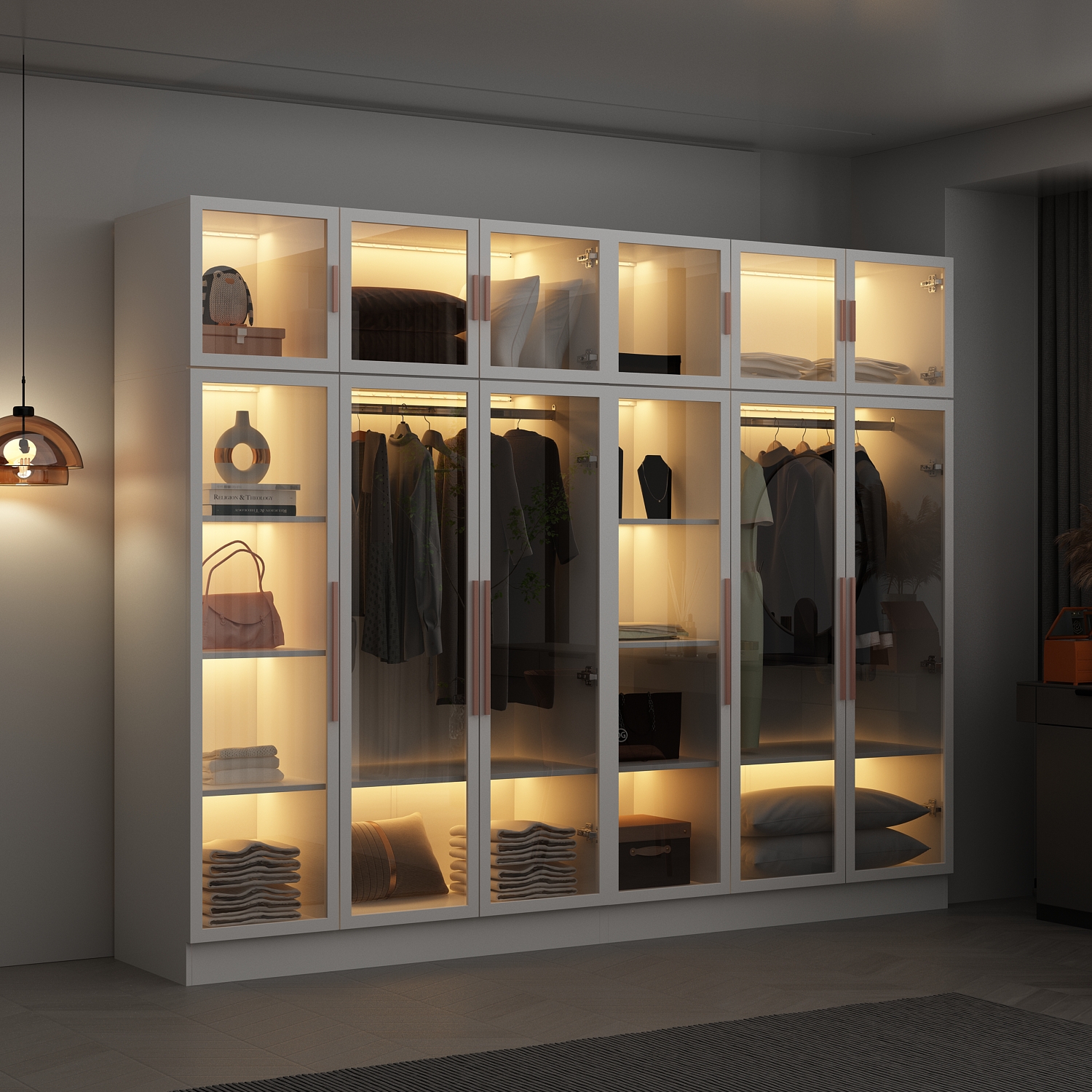 WIAWG Bedroom Wardrobe with Lights, Armoires Closet Storage Cabinet with Hanging Rod and Glass Doors, White