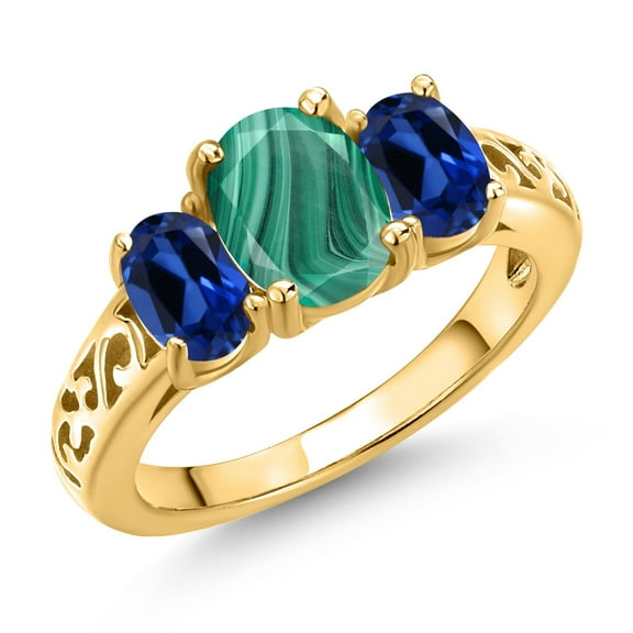 Gem Stone King 18K Yellow Gold Plated Silver Green Malachite and Blue Created Sapphire Filigree Style 3 Stone Ring for Women (3.20 Cttw, Oval 8X6MM and 6X4MM) (Size 9)