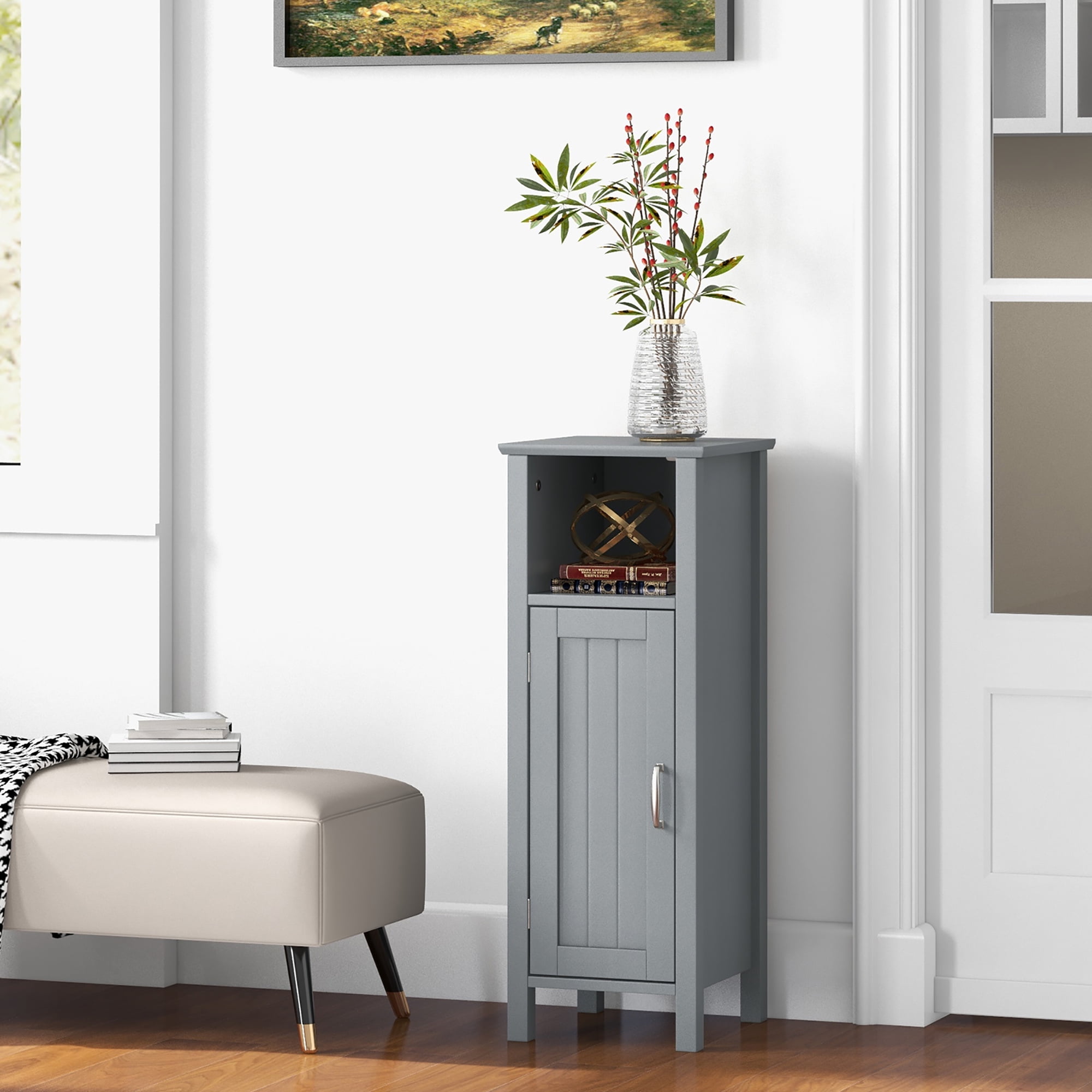Gymax Bathroom Storage Organizer Narrow Floor Cabinet w/ 2-Tier Cabinet Open Compartment Gray