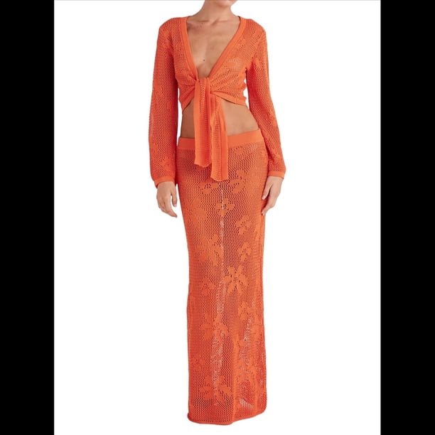 Conjunto de Dos Piezas de Crochet para Mujer: Top Corto de Larga con Nudo y Falda con Cordón. Naranja Rojo L