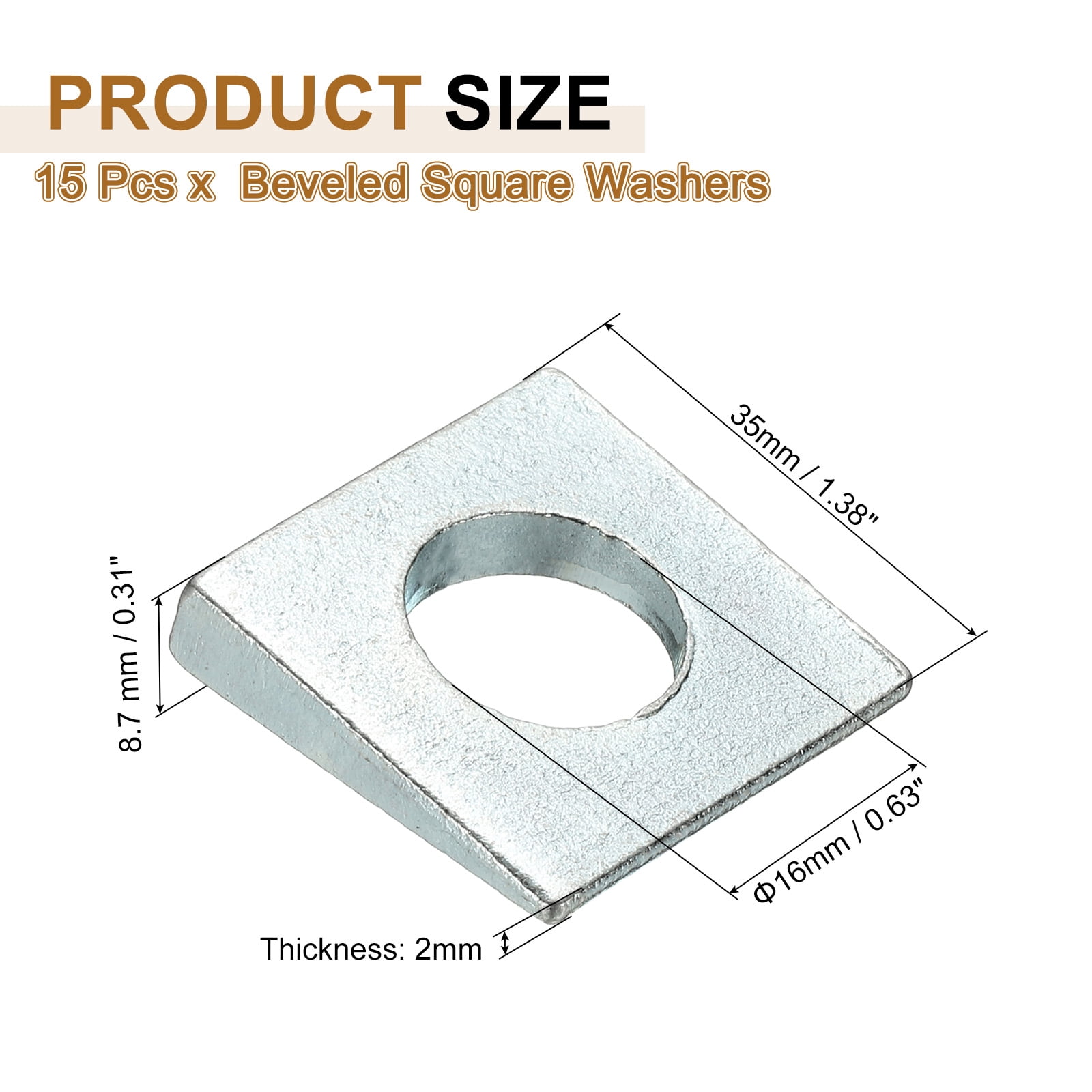 15pcs Beveled Square Washers, M16x35mm Square Beveled Washers Bearing Strut Plate Flat Pad Spacer Carbon Steel for 16mm Bolts Wedge Shim Leveling Fastener Nut Bolt Gasket, Silver