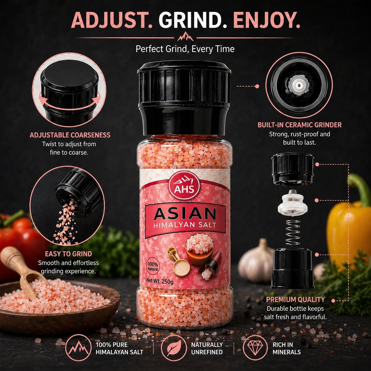 AHS Himalayan Pink Salt Grinder, Coarse Grain Pink Salt Crystals, Natural Pure Food Grade Himalayan Salt, Mineral Rich Seasoning for Cooking & Kitchen Use, 250g Bottle (Pack of 4)