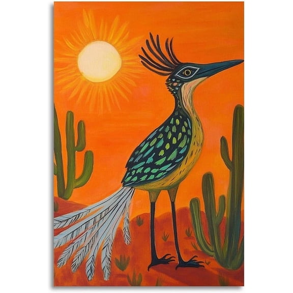 Southwestern Roadrunner Wall Art Vibrant Desert Bird Canvas with Cactus and Sunset for Western Boho Decor 8 x 12 inch Unframed