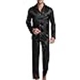 thumbnail image 3 of Men's Satin Pajamas Long Button-Down Pj Set Sleepwear Loungewear (Black, M), 3 of 4