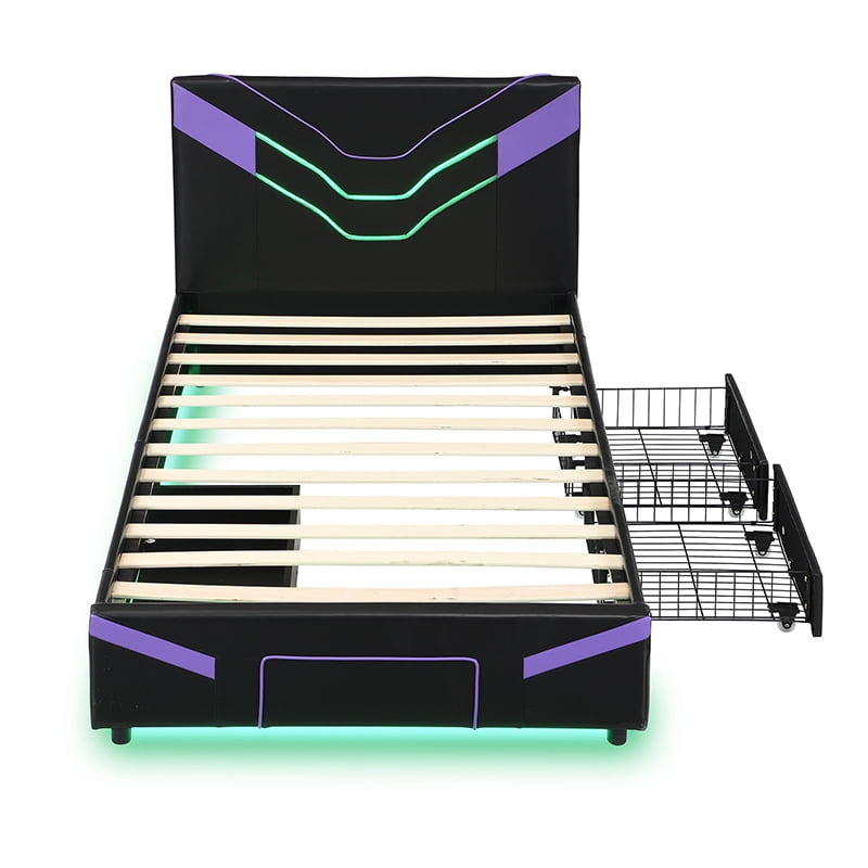 Twin Size Upholstered Gaming Bed Frame with LED Lights, PU Leather Platform Bed with Storage Shelf, 2 Steel Drawers, Purple