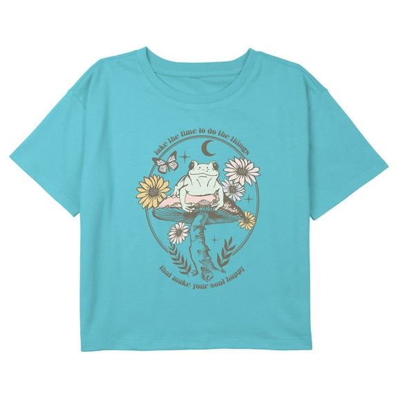 Girl's Lost Gods Happy Soul Frog Quote Graphic Cropped T-Shirt Blue X Large