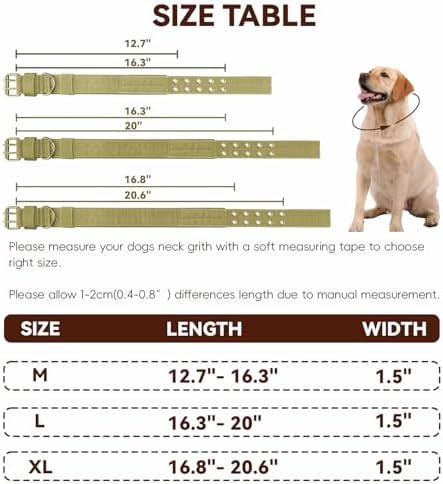 Heavy Duty Dog Collar for Large Dogs, Tactical Dog Collars with Metal Buckle & D Ring, 1.5" Width Thick Adjustable Nylon Collar for Medium Dogs, Khaki/L