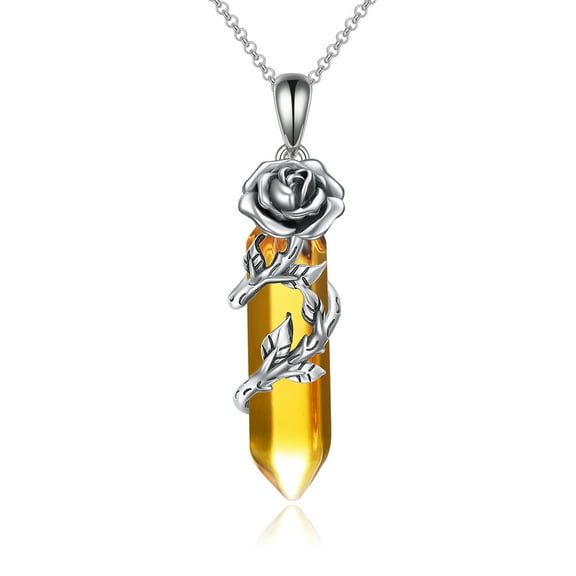 Citrine Quartz Healing Stone Crystal Necklace for Women Sterling Silver Rose Flower Pendant Mothers Day Jewelry Gifts