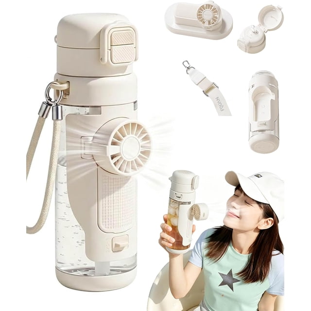 2-In-1 Water Bottle With Built-In Foldable Fan, 2026 New Water Misting Fan Portable Handheld Spray Fans, 23.3 Oz Dual Drinking Water Bottle, 150° Rotation Misting WaterBottle