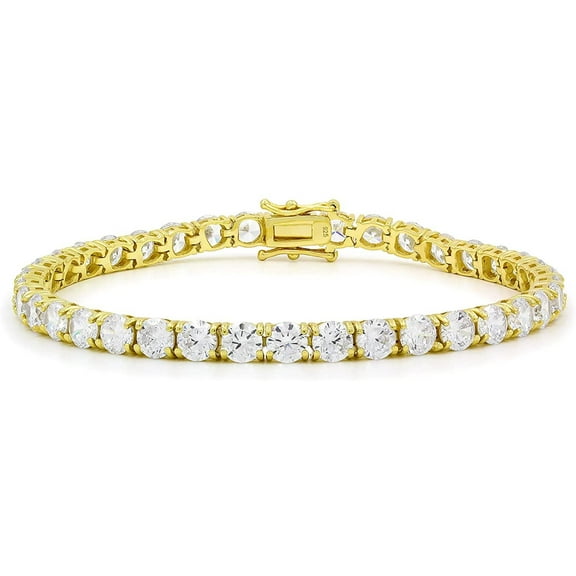 925 Italian Sterling Silver 5mm Tennis Bracelet, Iced Out Round Cut CZ Cubic Zirconia Yellow Gold Plated Link Chain, Giorgio Bergamo 7