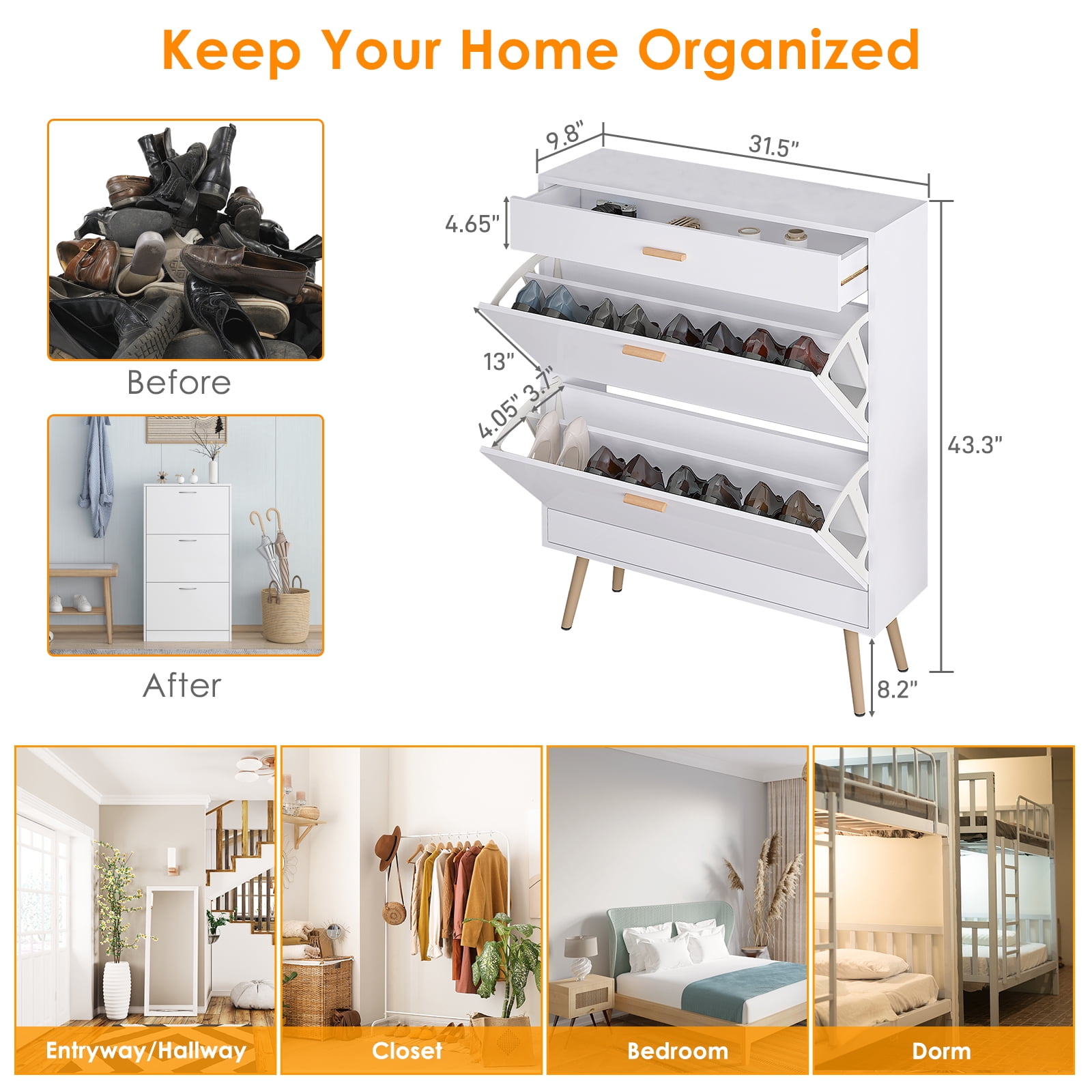 AsterOutdoor Shoe Cabinet MDF 9.45×31.5×43.7 White